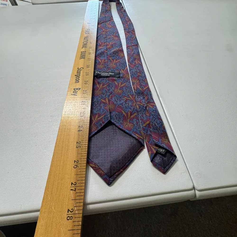 Christian Dior Tie Mens OS Burgundy Blue Abstract Silk Vintage Designer Academic